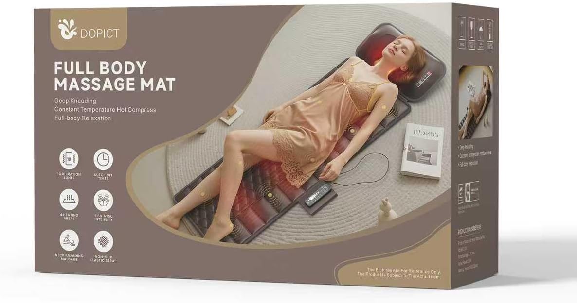 Massage Mat - Full Body Vibration Heating Pad with 10 Motors & 9 Speed Settings | Detachable Neck Massager - Black