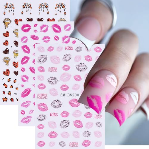 FBABFBUO Valentine’s Day Leopard Print Lip Heart 3D Nail Stickers - Valentine Style 1