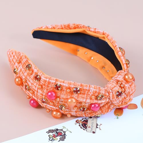 Thanksgiving Orange Knotted Headband with Crystal Pearls for Women