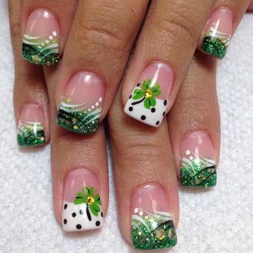 French St. Patrick's Short Press-On Nails with Shamrock & Glitter - Green Lucky Clover Nail Art