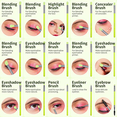 docolor Neon Green Eyeshadow Brush Set 15Pcs – Makeup Tools for Eye Shading & Blending