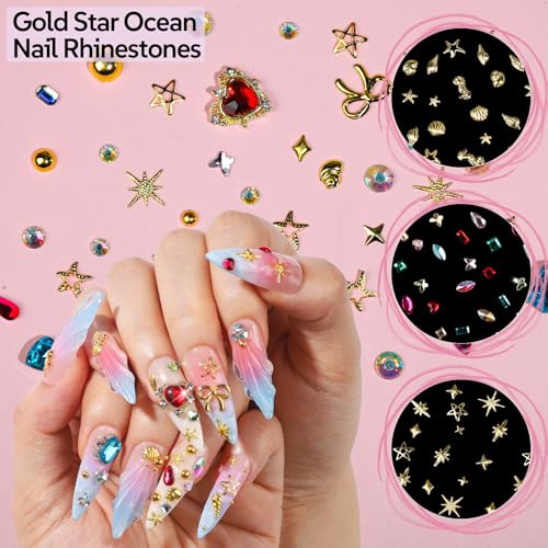 FAMDAMEI Summer Nail Charms Kit – Ocean 24 Grids with Mermaid, Starfish, Seashell Gems, 3D Rhinestones, Gold Pearls (Gold/White AB/Blue) – Nail Art Accessories