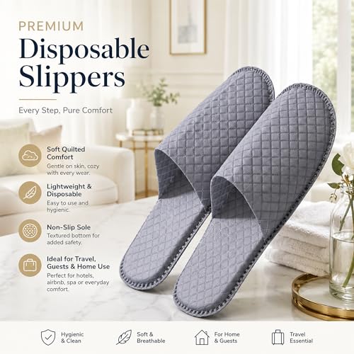 Disposable Travel Slippers 18 Pairs - Soft Hotel & Spa Guest Footwear, Individually Wrapped, Gray, 11x4.6 Inches