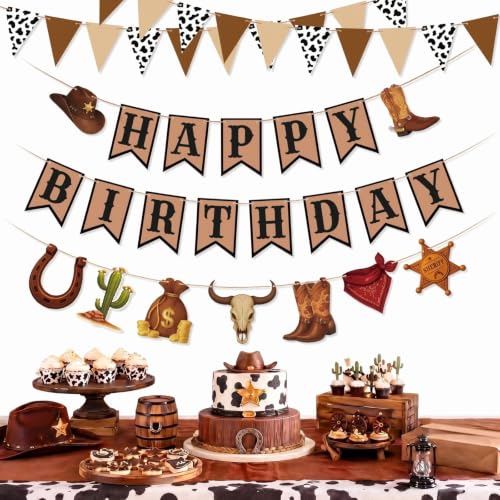 Western Birthday Decorations Set - Cowboy Happy Birthday Banner & Pennants