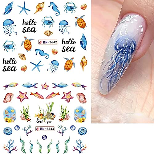 Ocean Summer Nail Art Stickers 12 Sheets for Women & Girls - Marine Water Design