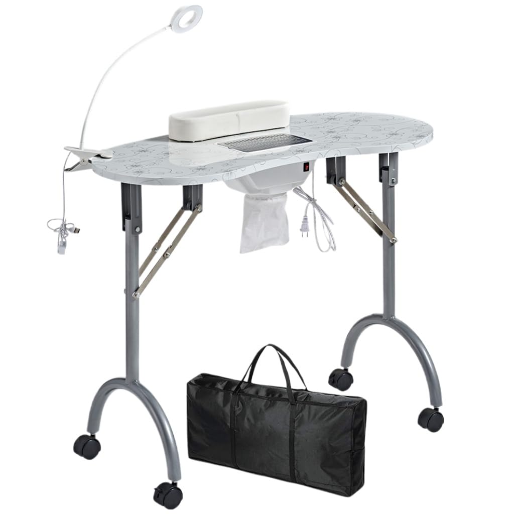 LOVEVLOGY Portable Manicure Table，Nail Desk 4 Lockable with Wheels,Manicure Desk for Nail Tech with LED Light & Dust Collector