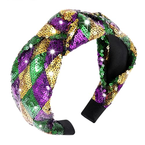 Mardi Gras Sequin Headband - Glitter Purple Green Gold Top Knot Hairband