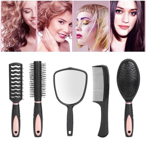 5-Piece Hair Brush and Comb Set with Mirror for Women