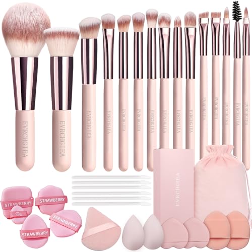 15pcs Pink Travel Makeup Brush Set with Puffs & Pouch