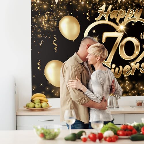 Happy 70th Anniversary Party Backdrop Banner - Black Gold Glitter