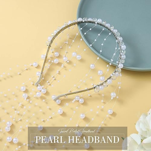 Pearl Bridal Headband with Tassel, Silver Wedding Hair Vine Headpiece