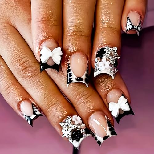 24Pcs French Tip Short Square Press on Nails with 3D Stars & Bows