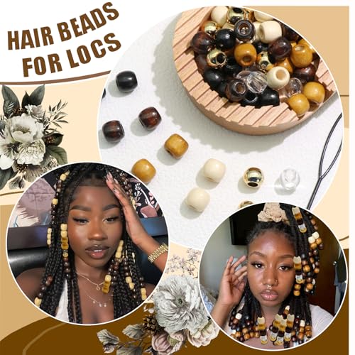 Wooden Hair Beads for Braids & Dreadlocks - 60 Pcs Hair Jewelry Kit