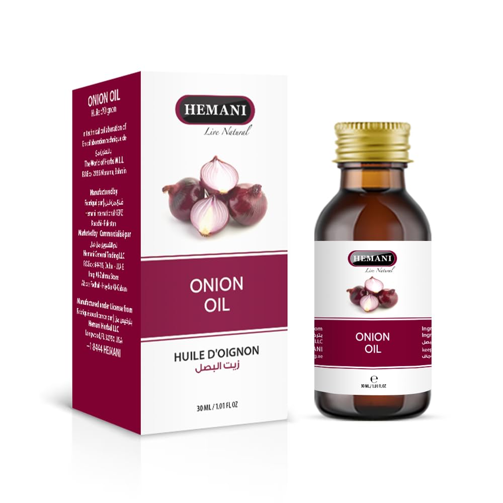 Hemani Onion Hair Oil 30mL, Cold Pressed Red Onion Scalp Treatment with Dropper, Halal, Mineral Oil Free, 1 Fl Oz Bottle