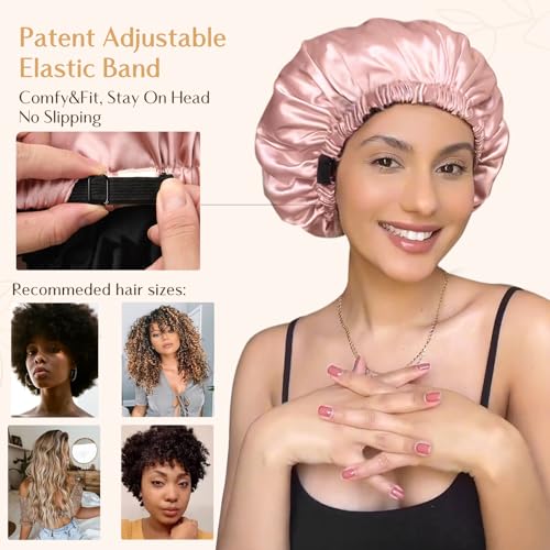 YANIBEST Adjustable Satin Bonnet Double Layer Hair Bonnet for Sleeping Bonnets for Women Hats Curly Natural Hair, Blush Pink