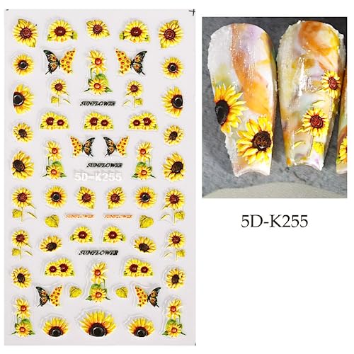 Puyokinm 5D Embossed Sunflower Nail Stickers Self-Adhesive Floral Summer Nail Decals for Women Girls 4 Sheets