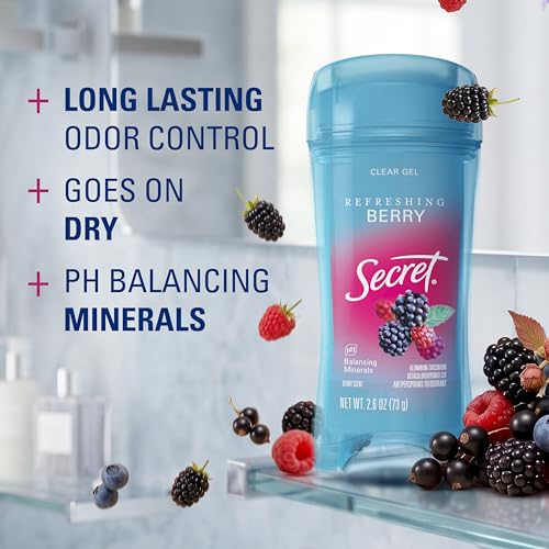 Secret Fresh Antiperspirant Deodorant for Women, 72hr Breathable Sweat & Odor Protection, Instant Freshness & Gentle, PH Balancing Minerals, Clear Gel, Refreshing Berry Scent, 2.6 oz (Pack of 2)