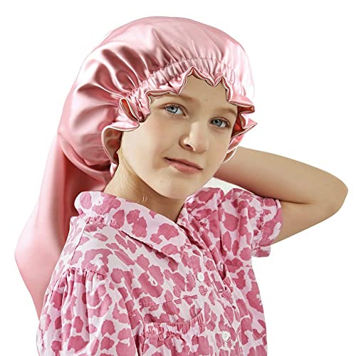 ELIHAIR Kids Long Satin Bonnet - Adjustable Sleep Cap for Curly Hair, Pink