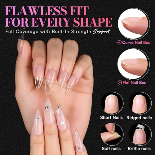 Makartt Long Medium Sharp Almond Nail Tips - Clear Full Cover Fake Nails, 15 Sizes, 240PCS