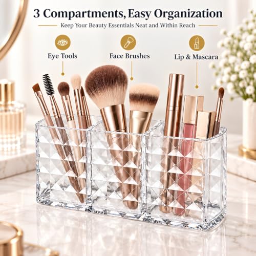 MOSIKER Clear Acrylic Makeup Brush Organizer with 3 Compartments for Vanity