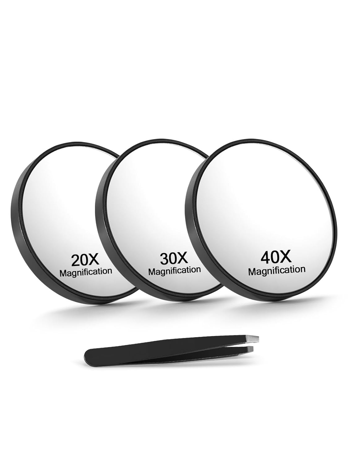 10X/20X/30X Magnifying Makeup Mirror - Suction Cups & Tweezers Set | 3.5 Inches, Black, 3PCS
