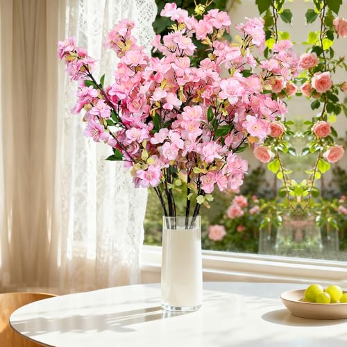 6-Pack Pink Artificial Cherry Blossom Branches - 27" Faux Silk Flowers for Home Decor