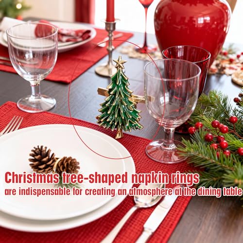 Christmas Tree Napkin Rings Set of 4 - Gold Alloy Holders with Star Topper