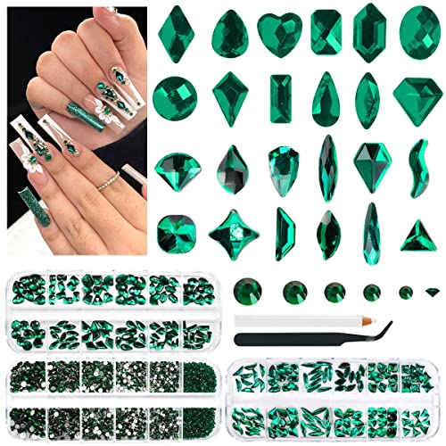 qiipii Emerald Green Nail Rhinestones 3 Boxes Multi-Shapes 240pcs Nail Art Crystals