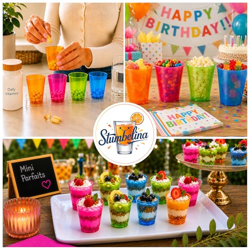 Stumbelina 100 Count Neon Plastic Shot Glasses - 1 oz Colorful Party Cups