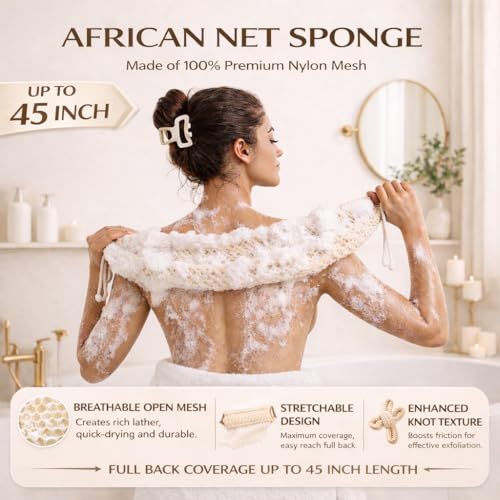 HAITOO African Net Sponge Exfoliating Body Scrubber - 4 Pack (Black, Olive Green, Pink, Champagne Gold)