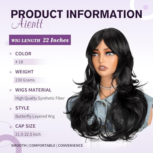 22 Inch Long Black Layered Wig with Curtain Bangs for Women