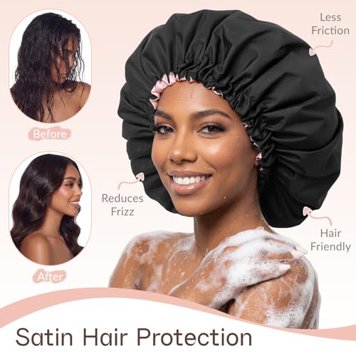 Selalu Extra Large Satin Lined Shower Cap - Black/Blush Pink