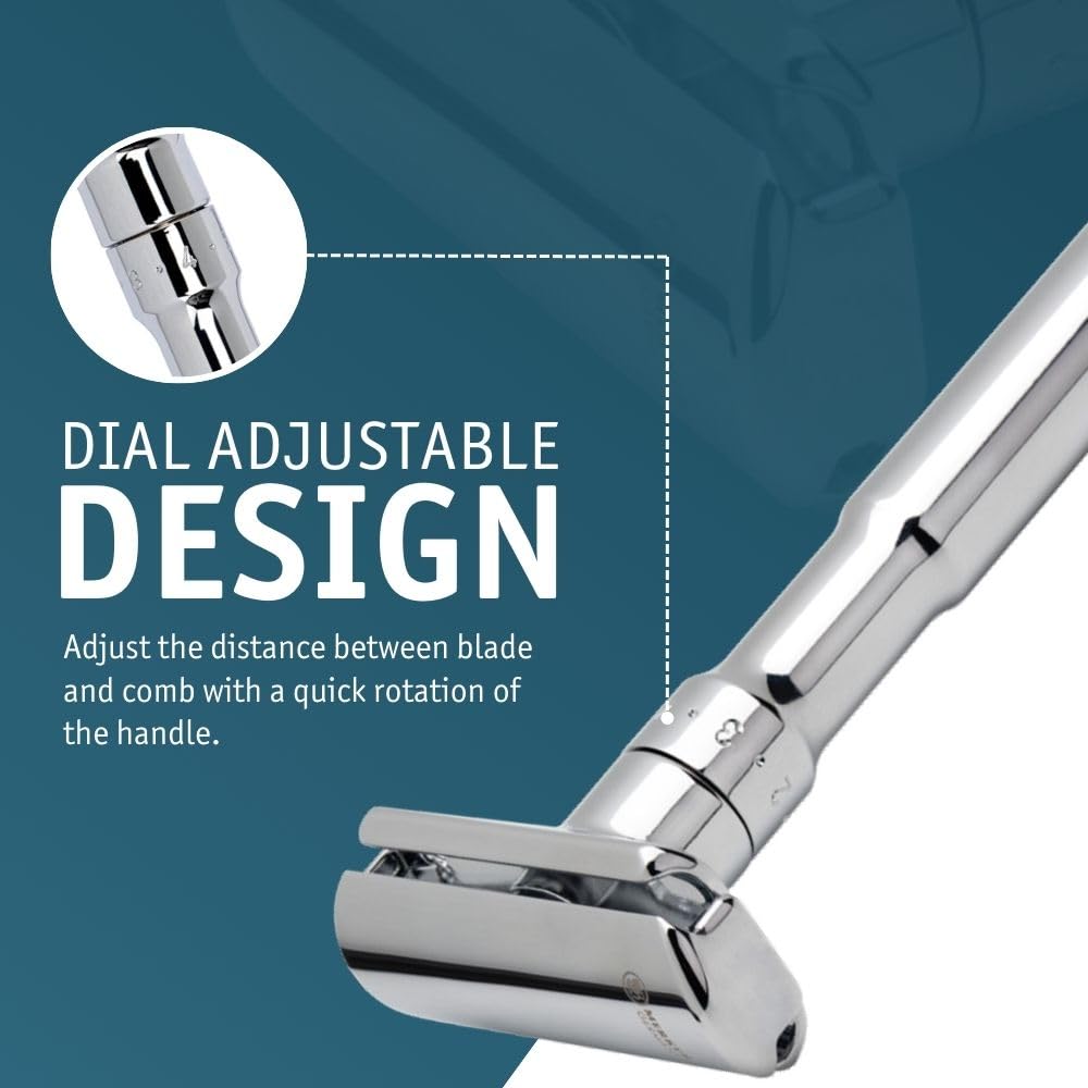 MERKUR FUTUR 701 Adjustable Double Edge Safety Razor - Bright Chrome | Adjustable Razor With Dial | Made in Germany | Plastic-Free | Snap-On Cap Design | Straight Bar