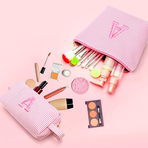 Personalized Initial Makeup Bag Set, Embroidered Letter S Cosmetic Pouch