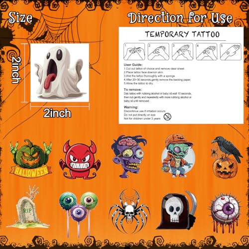 Ozepao 100 Pcs Halloween Temporary Tattoos - Pumpkins, Ghosts & More