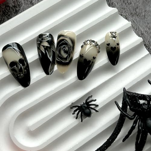 Goth Stiletto Press On Nails with Skull & Black Rose Design - 24 Pieces