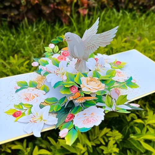 3D Sympathy Pop Up Card with Dove & White Lily - 6x8 Inch