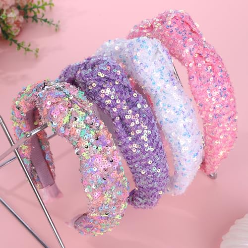 Sparkly Sequin Headbands for Girls - 4 Pack Knotted Hairbands