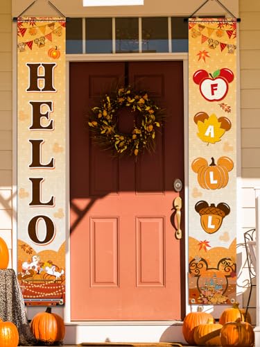 Hello Fall Porch Sign Banner - Mouse Pumpkin & Maple Leaf Decor