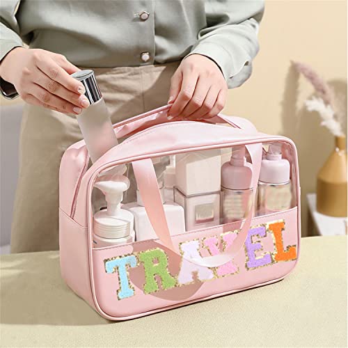 Clear Travel Makeup Bag with Chenille Letter Patch - Large Toiletry Tote