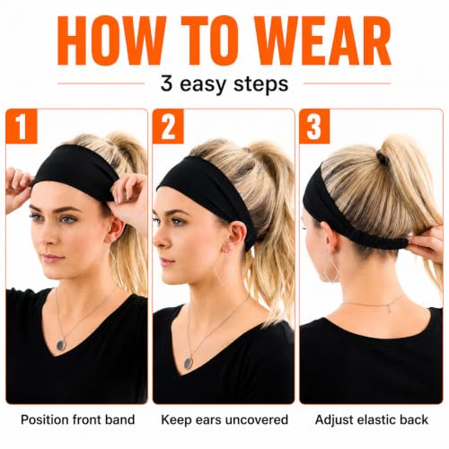 Calbeing 5-Pack Wide Black Headbands for Women – Non-Slip Elastic Sweatbands (5 Pure Black)