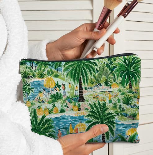 Elpwk Coastal-Seaside Hawaiian Palm Leaf Makeup Bag for Women, Tropical Travel Pouch