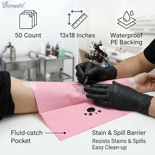 50-Pack Pink Disposable Tattoo Bib Sheets - 13x18, 3-Ply Water-Resistant