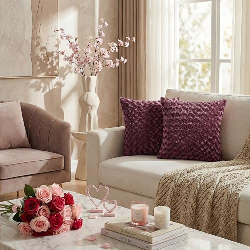 FUTEI Pack of 2 Burgundy Rose Textured Throw Pillow Covers 18x18