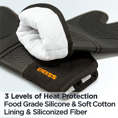Deiss Heat-Resistant Silicone Oven Mitts Set with Cotton Lining
