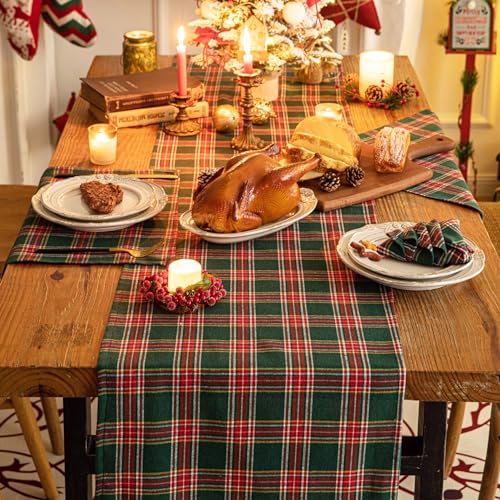 Plaid Christmas Table Runner - 72 Inch Holiday Decor, Polyester