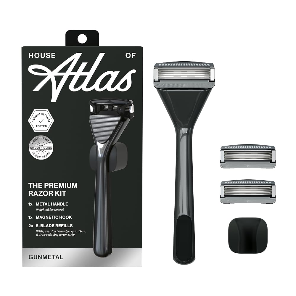 House of Atlas, Razors for Men - Mens Razors for Shaving with Handle, 2 Razor Blade Refills, & Shower Hook, Precision Trim Edge, Smooth Close Shave, Reusable Razor for Men, Gunmetal