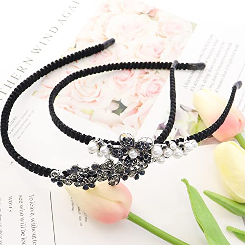 2 Pack Rhinestone Hair Accessories - Crystal Headbands & Pearl Flower Clips for Women