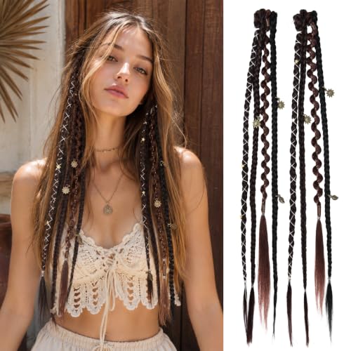 20" Boho Clip-In Braid Extensions - Dark Brown Dreadlock Style with Charms