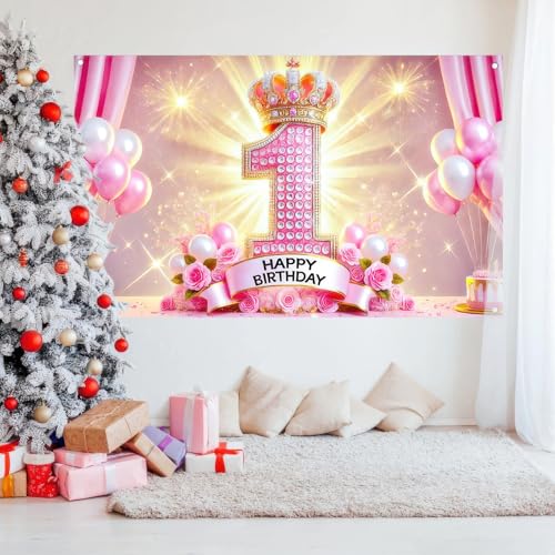 BlissYard First Pink Crown Birthday Banner 71x43 Inch Polyester Decor